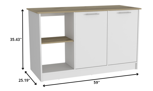 White and Brown 59" Kitchen Island With Storage