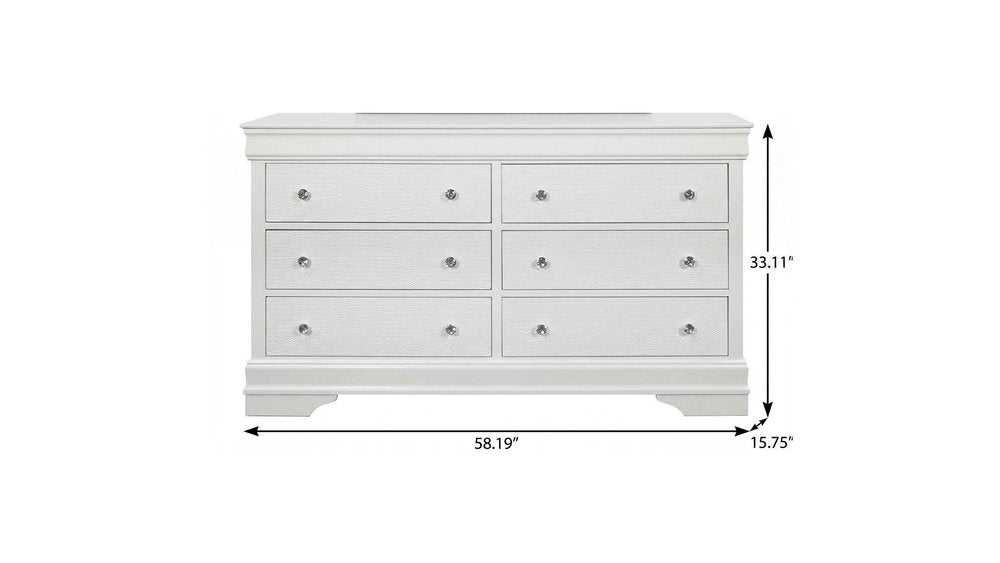 58" Metallic White Solid Wood Six Drawer Double Dresser