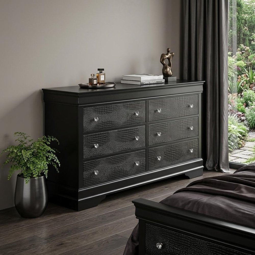 58" Metallic Grey Solid Wood Six Drawer Double Dresser