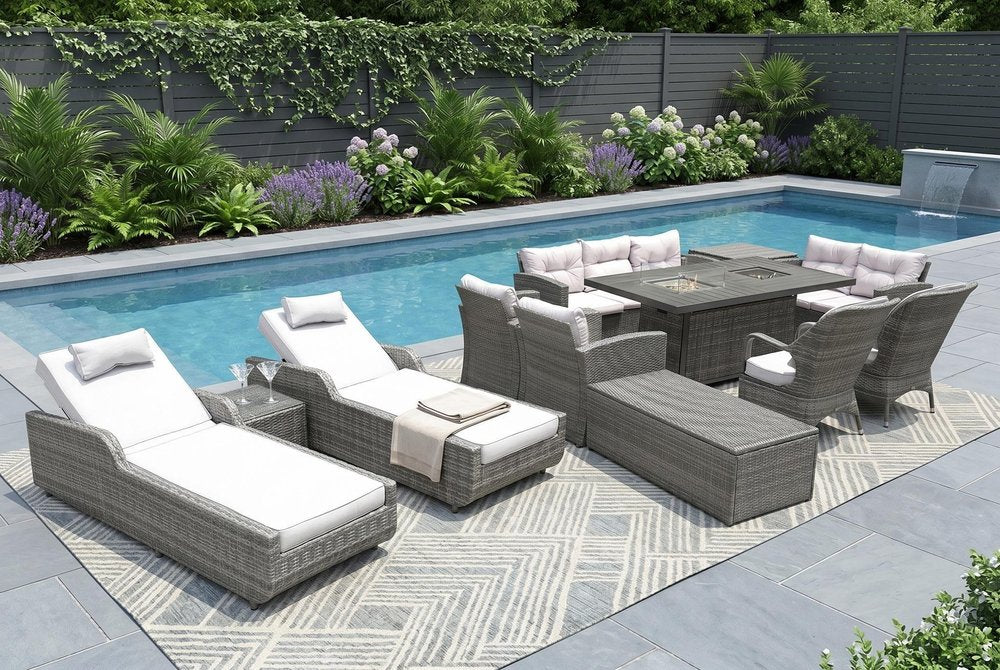 Twelve Piece Outdoor Gray Wicker Multiple Chairs Seating Group Fire Pit Included with White Cushions