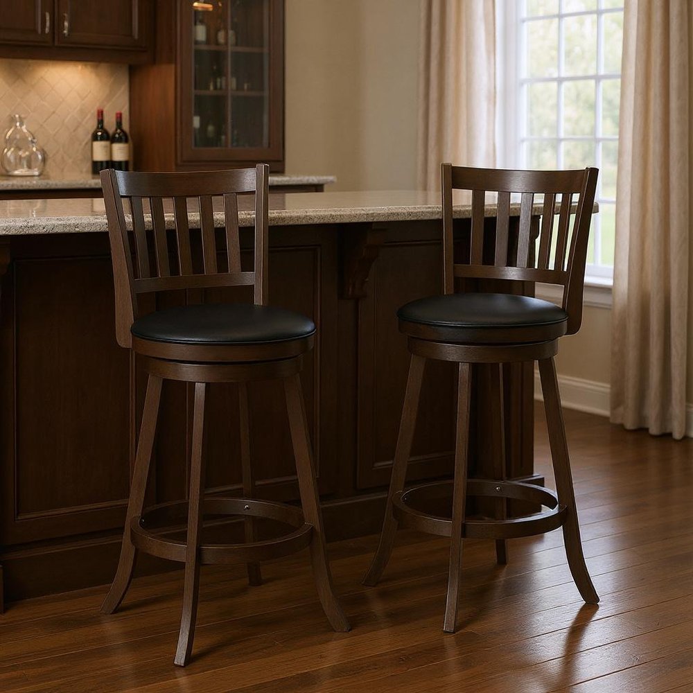 Set of Two 29" Black and Espresso Faux Leather and Solid Wood Bar Height Swivel Bar Chairs
