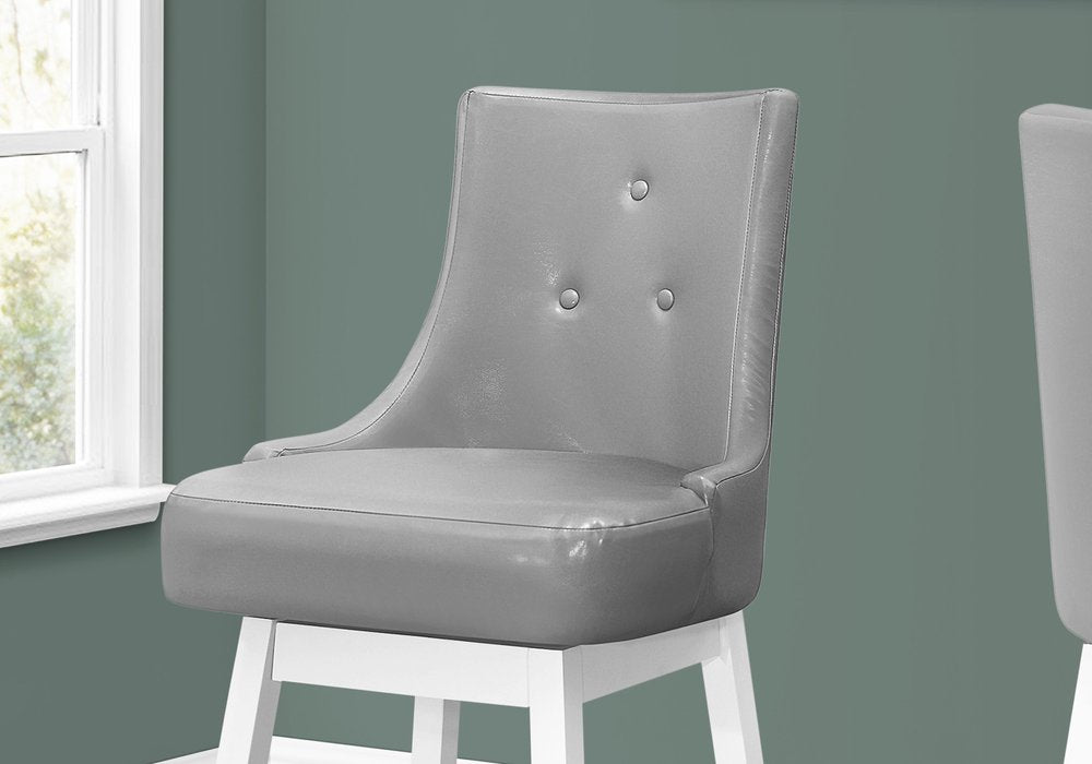 Set of Two 29" Gray and White Faux Leather and Solid Wood Bar Height Swivel Bar Chairs