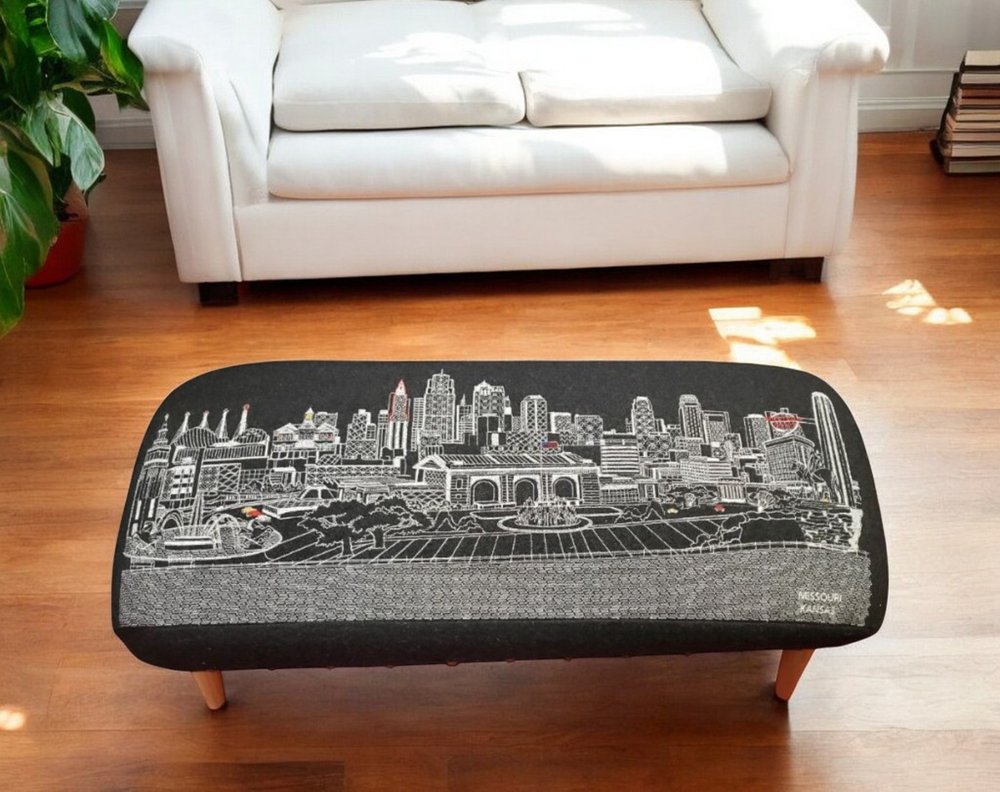 38" Black Wool and Brown Ottoman