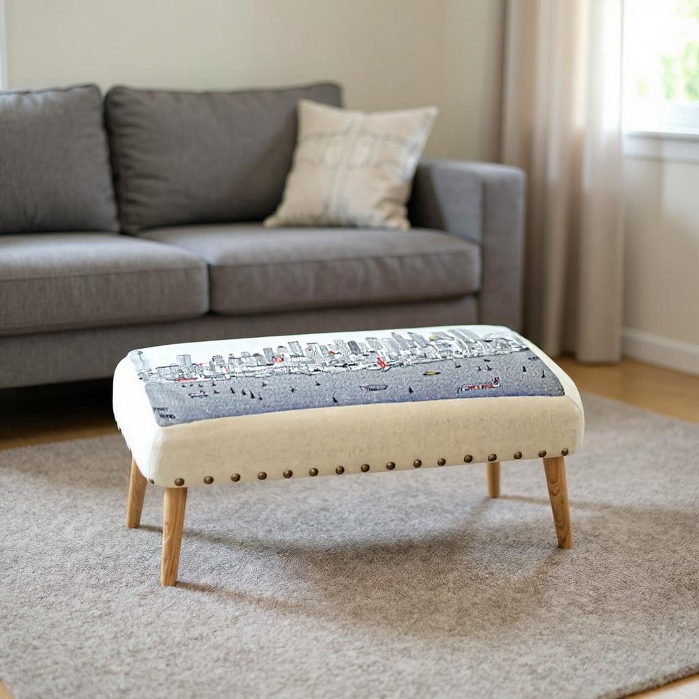 38" Cream Wool and Brown Ottoman