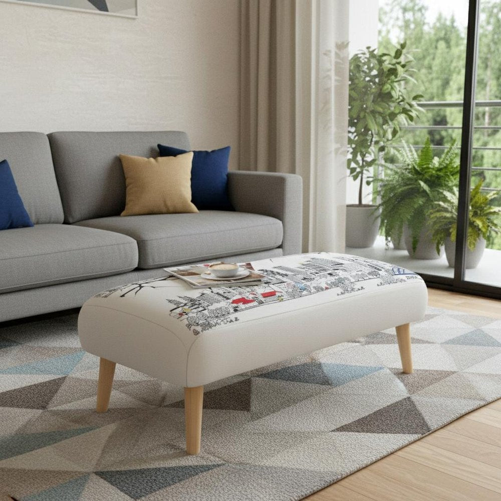 38" Cream Wool and Brown Ottoman