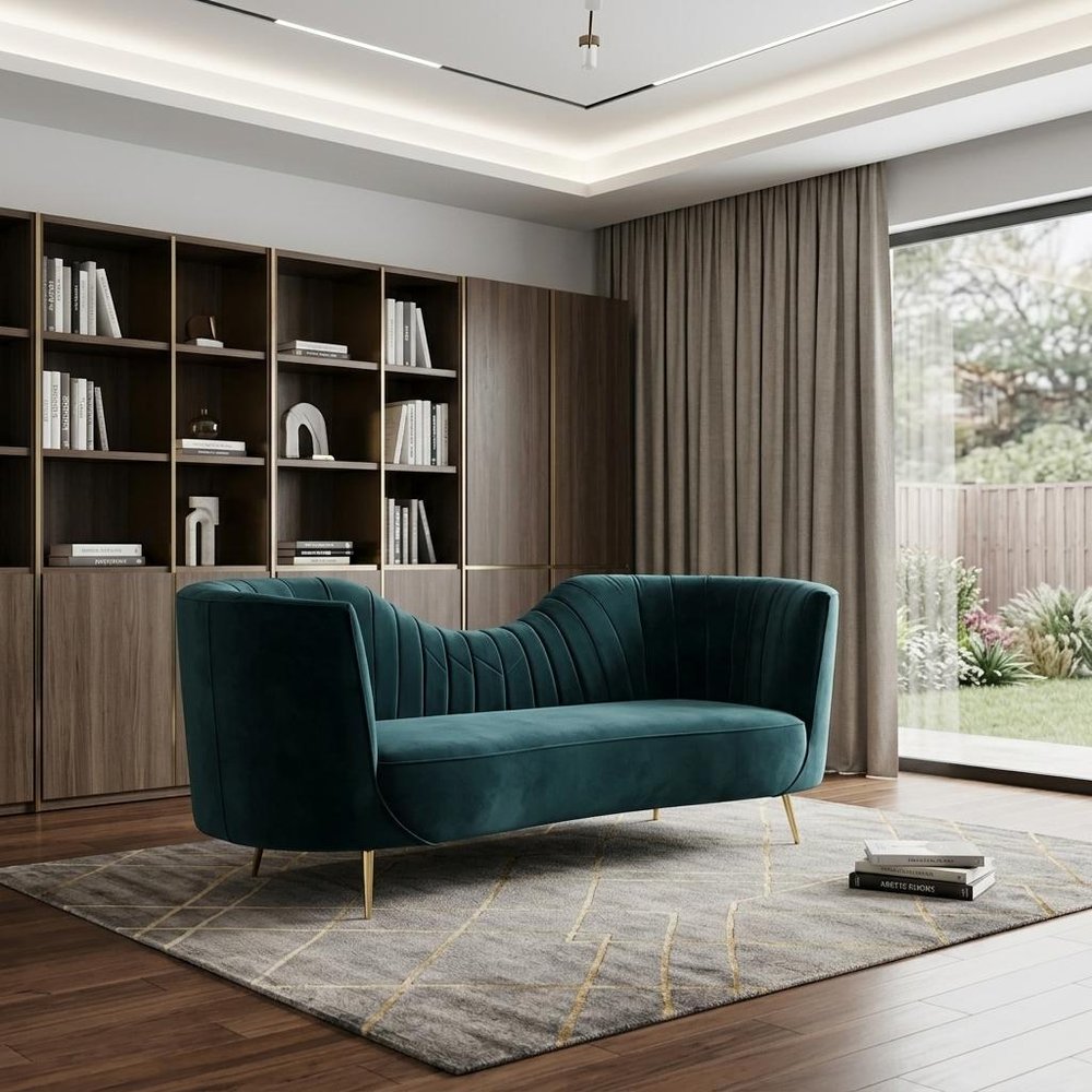 83" Green Velvet Curved Sofa With Gold Legs