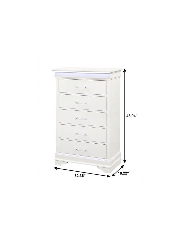 32" White Solid Wood Lighted Five Drawer Dresser