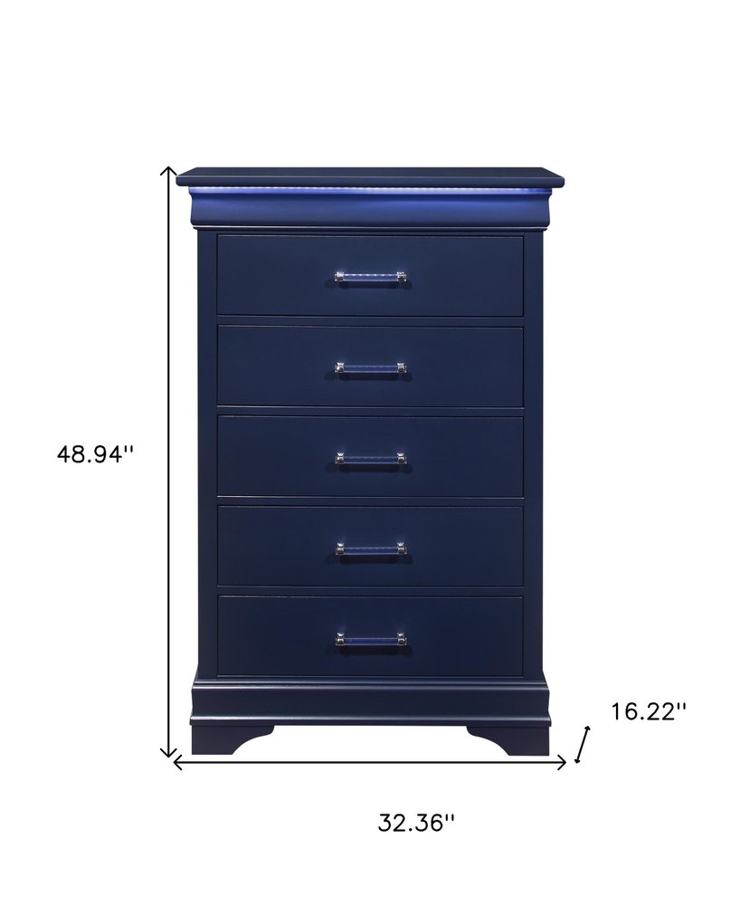 16" Blue Solid Wood Five Drawer Chest With LED Lighting