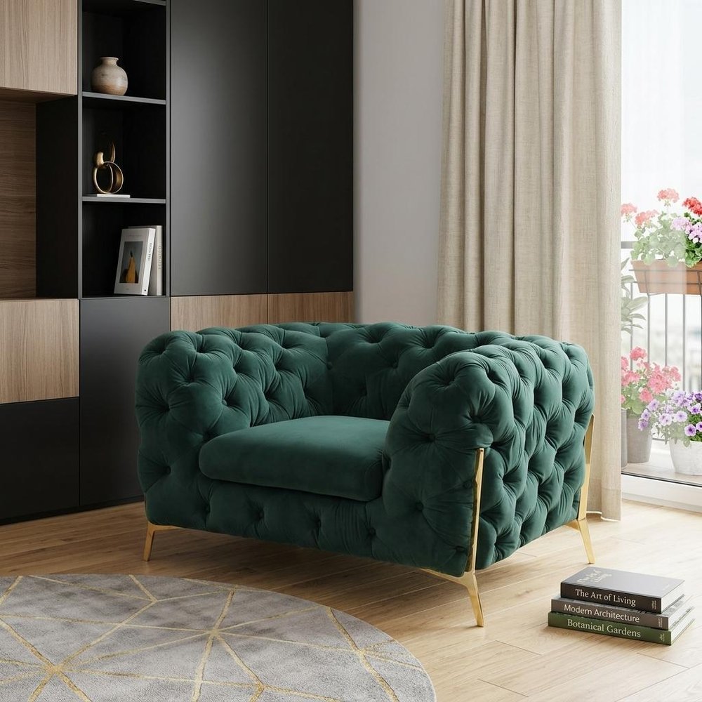 50" Green And Gold Velvet Tufted Club Chair