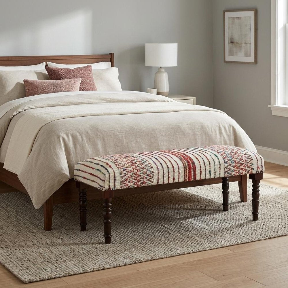 47" Red White And Black Chevron Cotton And Solid Wood Upholstered Bench