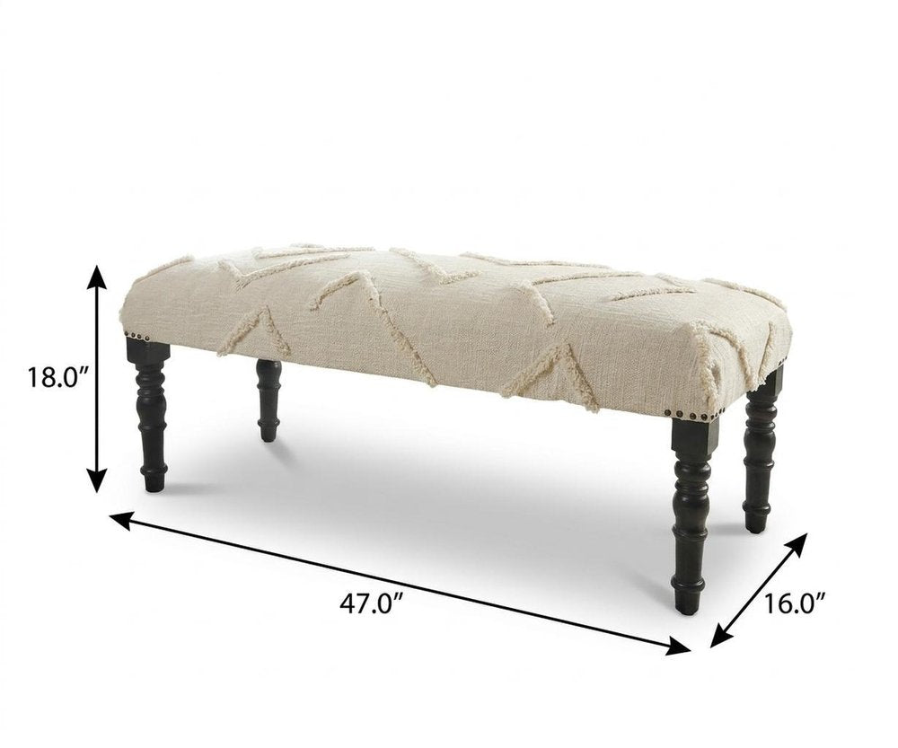 47" Cream And Black Tufted Geometric Cotton And Solid Wood Upholstered Bench