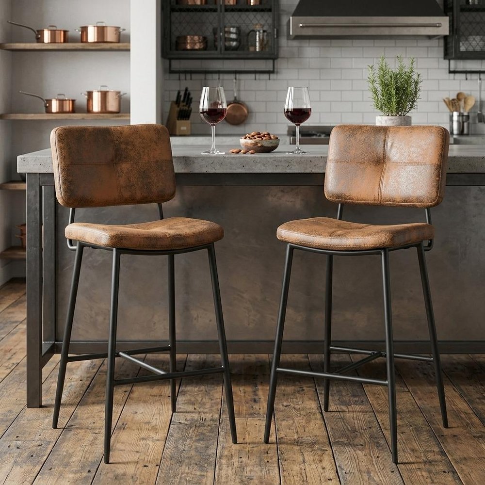 Set of Two 27" Brown And Black Steel Low Back Counter Height Bar Chairs