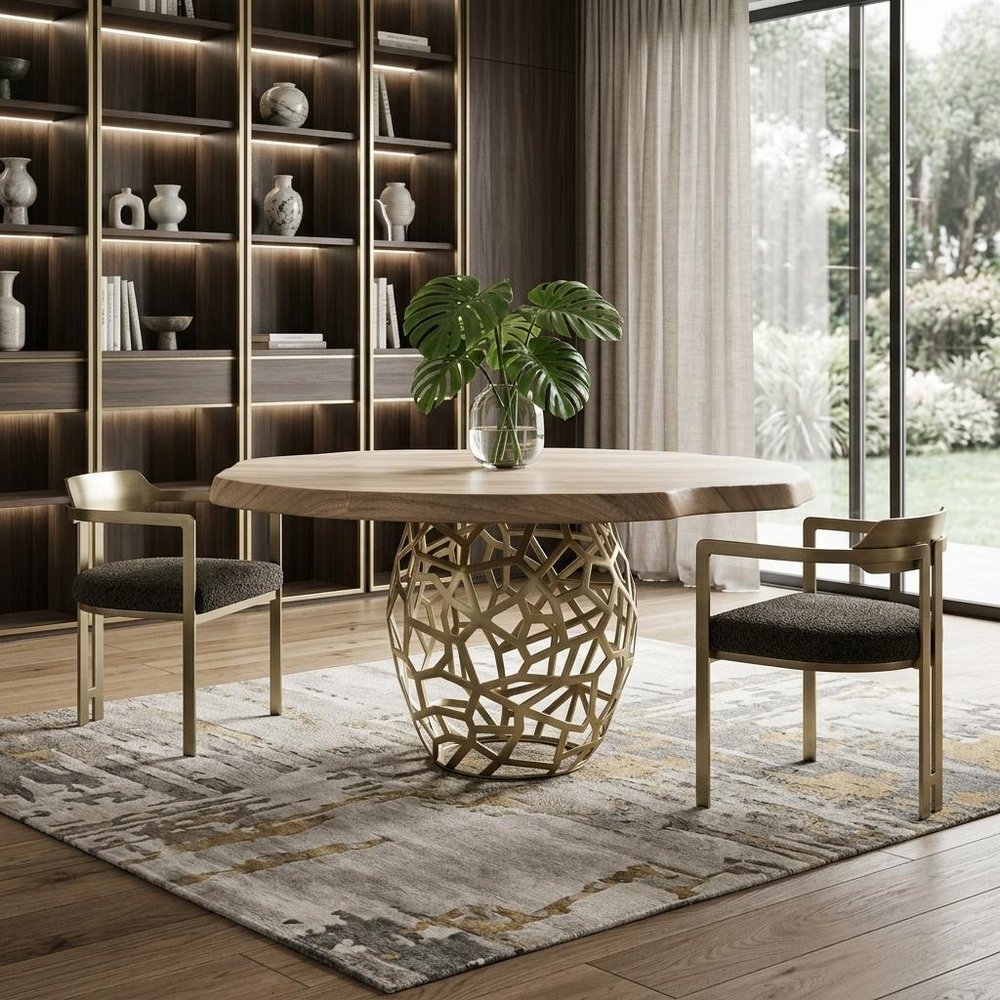 63" Brown And Brass Rounded Solid Wood And Iron Pedestal Base Dining Table
