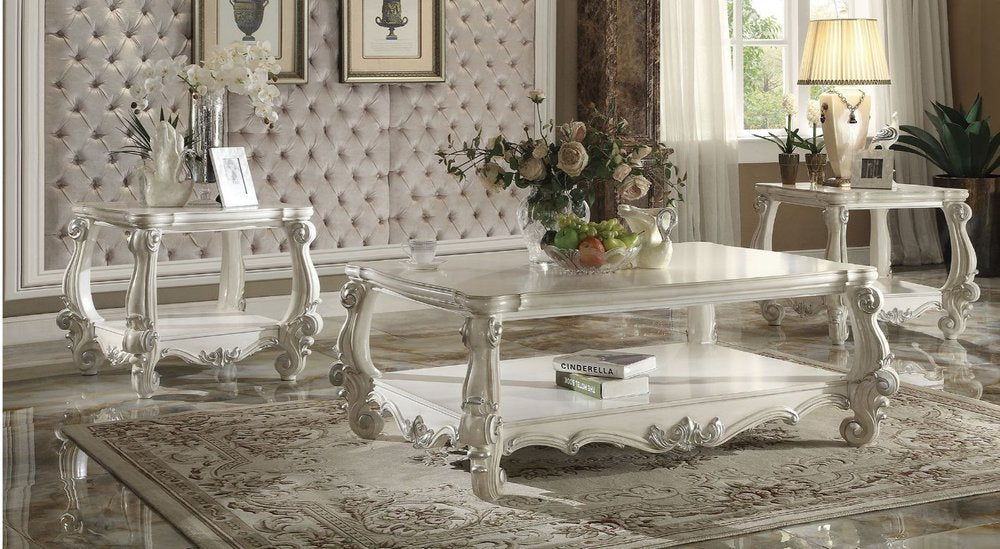 57" Antiqued White Wood Coffee Table With Shelf