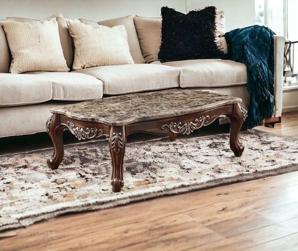 57" Brown and Oak Faux Marble And Wood Coffee Table