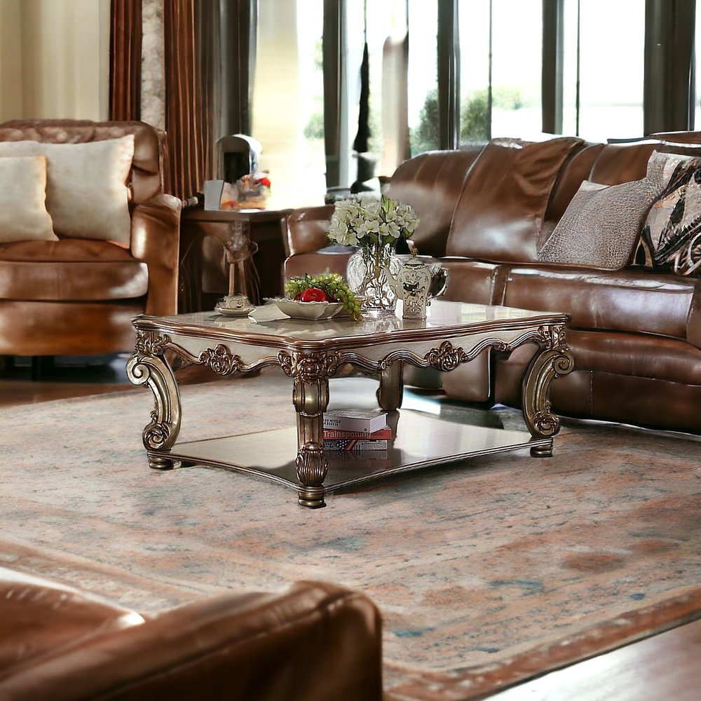 58" Gold Wood Floor Shelf Coffee Table With Shelf