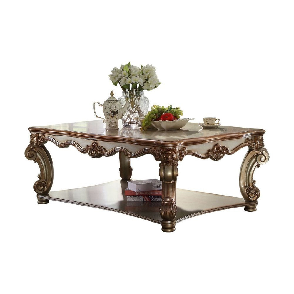 58" Gold Wood Floor Shelf Coffee Table With Shelf