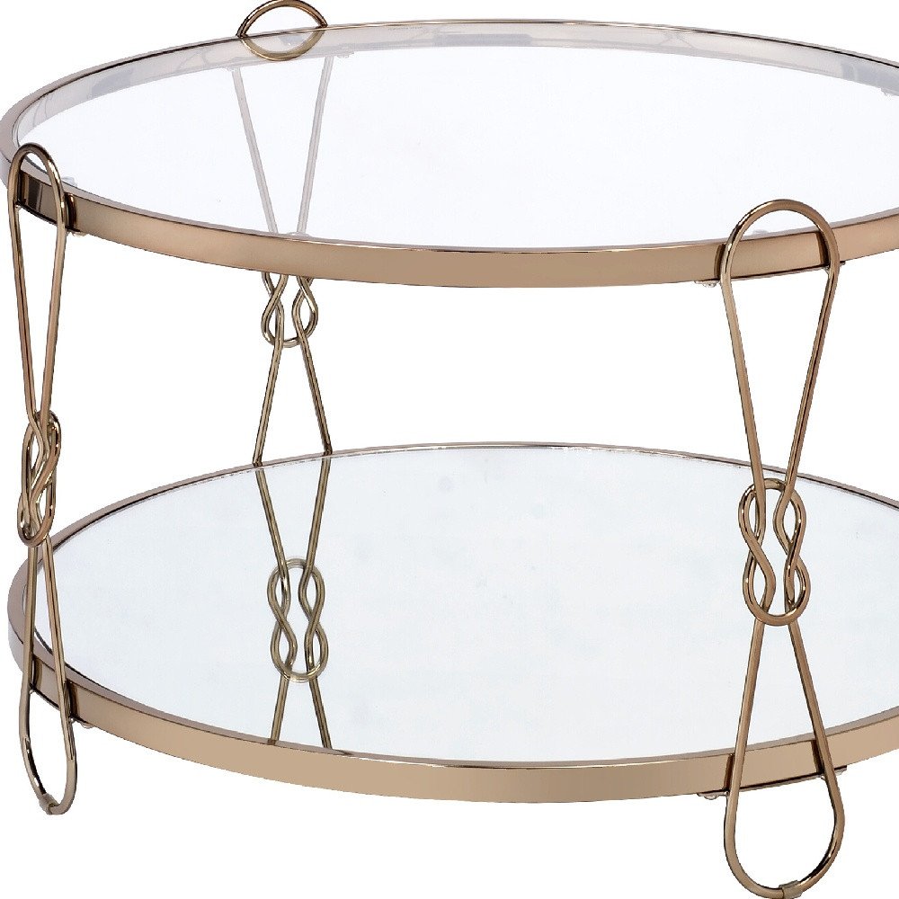 32" Silver and Champagne Mirrored Glass And Metal Round Frame Coffee Table With Shelf