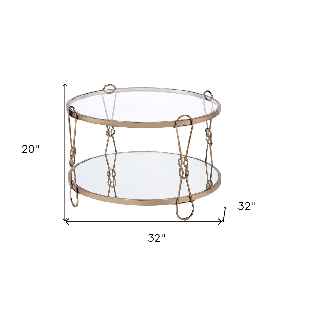 32" Silver and Champagne Mirrored Glass And Metal Round Frame Coffee Table With Shelf