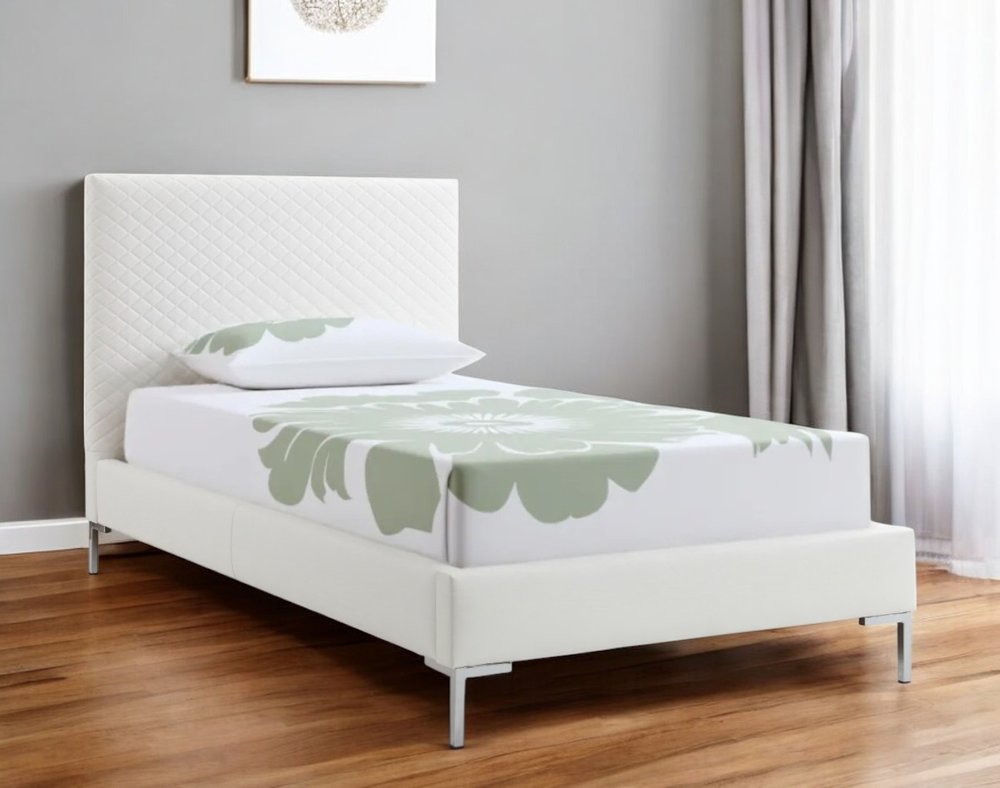 Twin Size White Upholstered Faux Leather Bed Frame