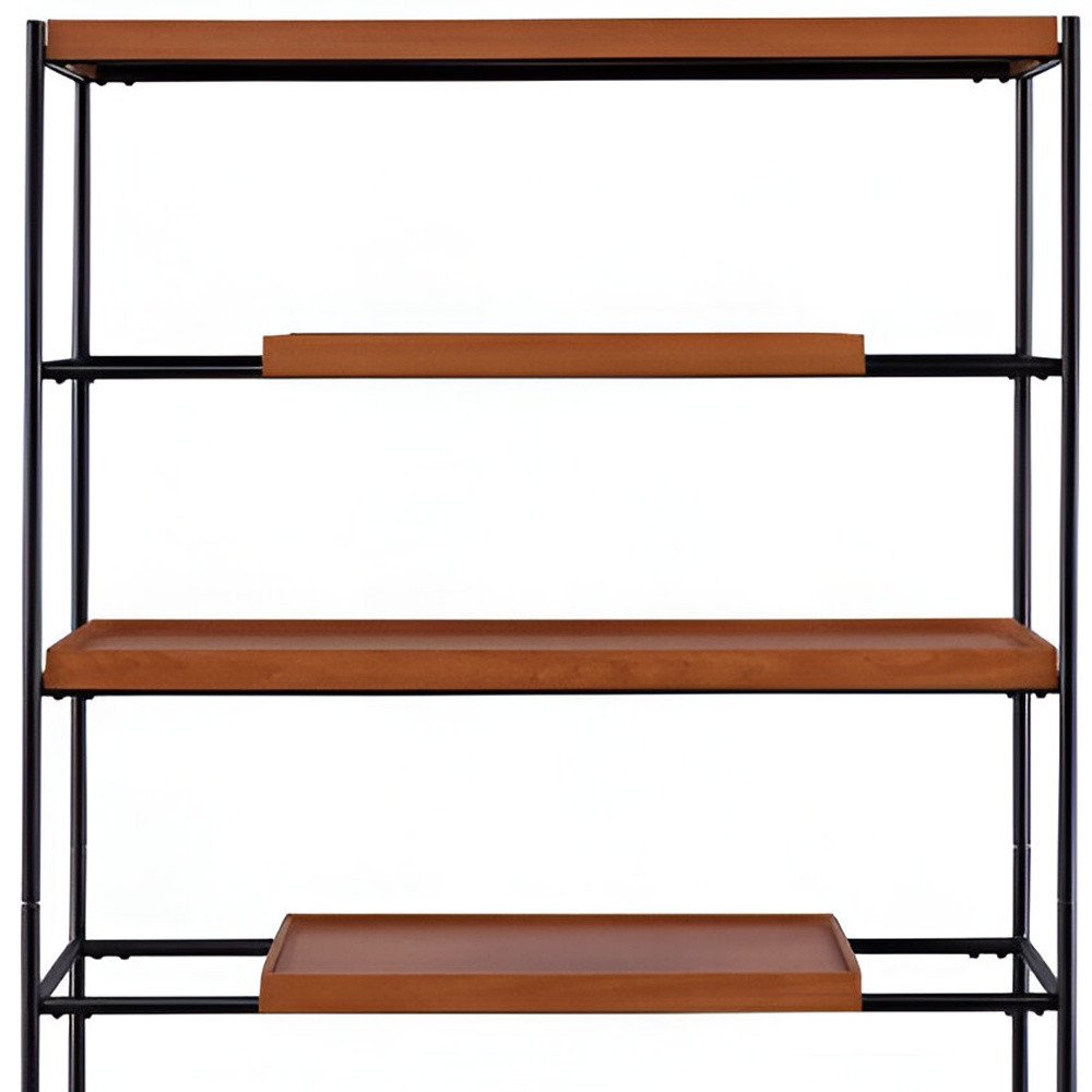 70" Oak And Black Metal and Wood Six Tier Etagere Bookcase