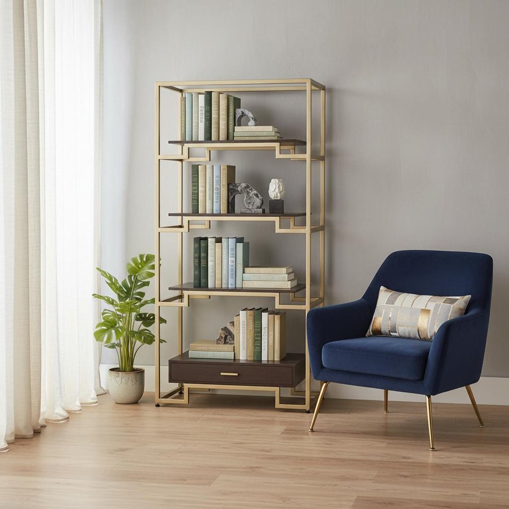 78" Gold and Black Metal Four Tier Etagere Bookcase with a Drawer
