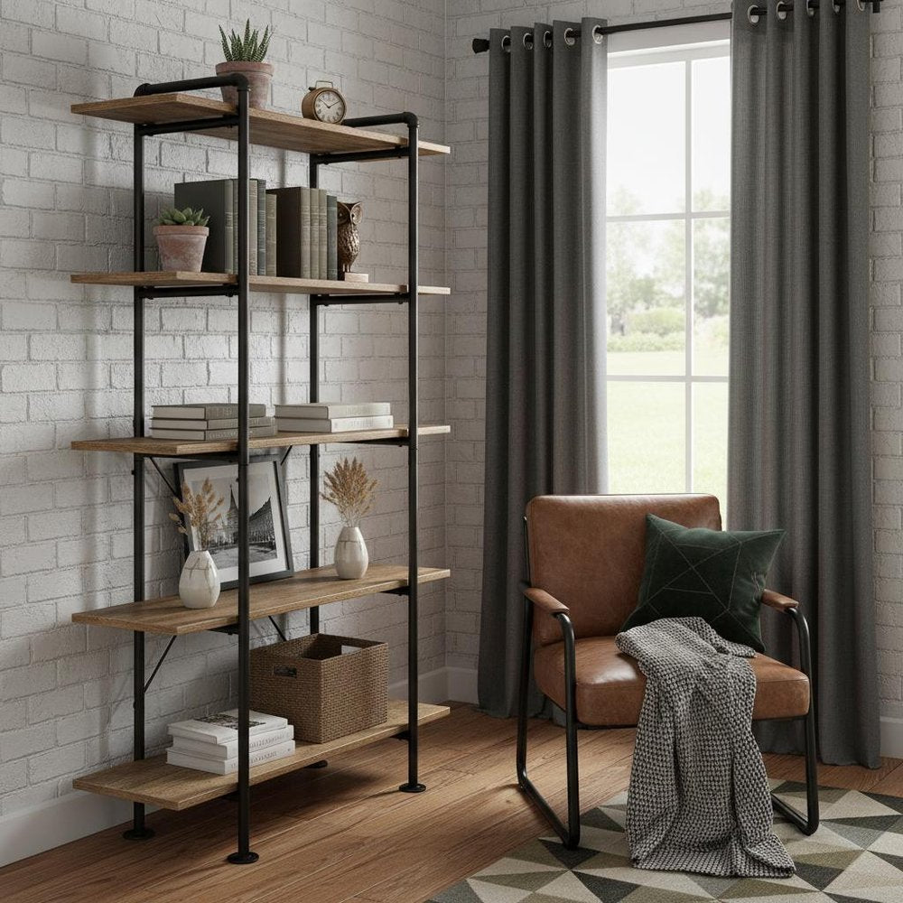 73" Brown And Black Metal Five Tier Etagere Bookcase