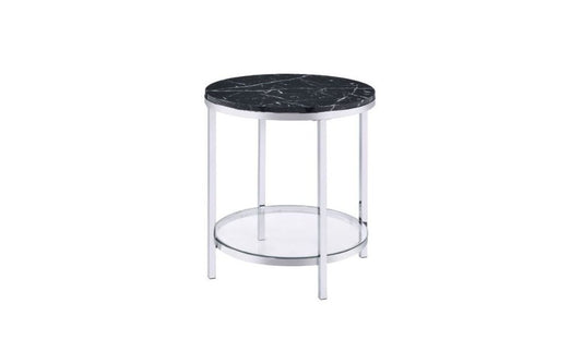 25" Chrome And Black Faux Marble And Metal Round End Table With Shelf