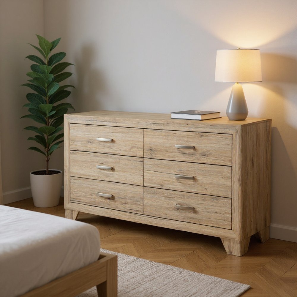 59" Natural Wood Six Drawer Double Dresser