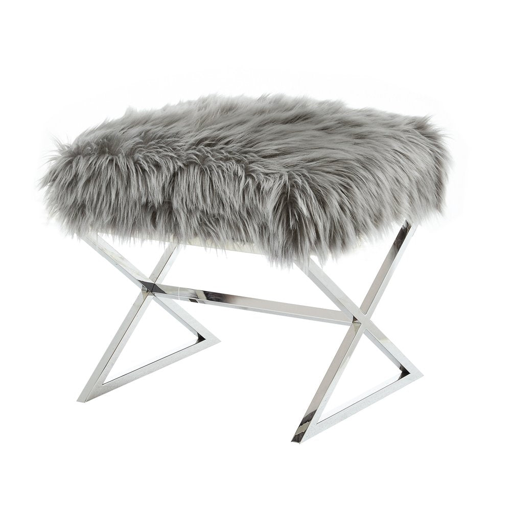 18" Navy Blue Velvet and Silver Ottoman
