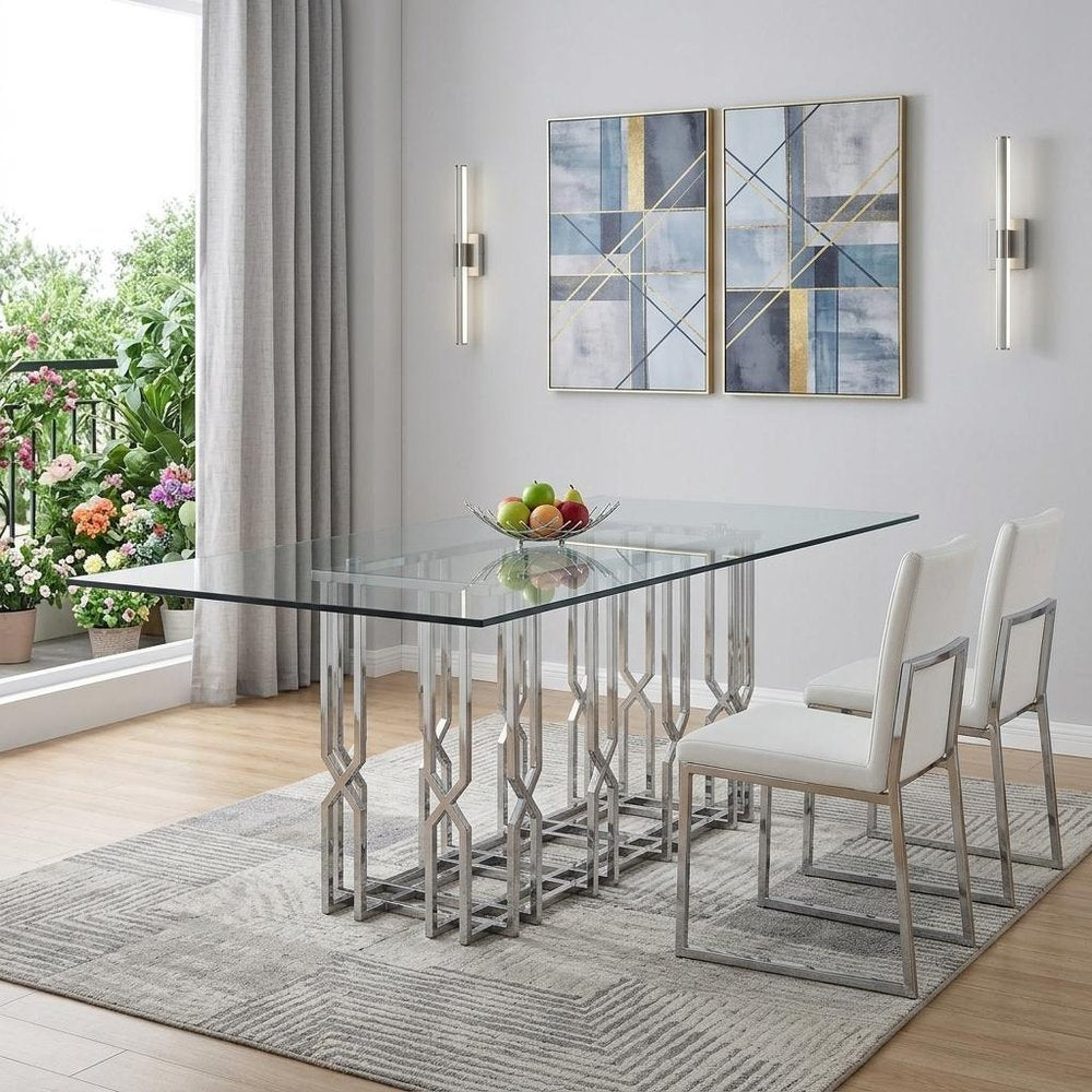 87" Clear And Silver Glass And Stainless Steel Pedestal Base Dining Table