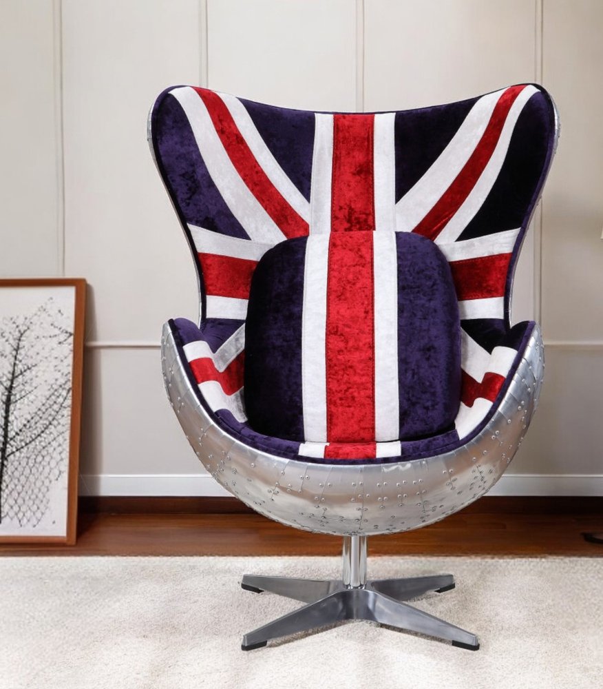 33" Red White Blue and Silver Fabric Great Britain Flag Swivel Balloon Chair