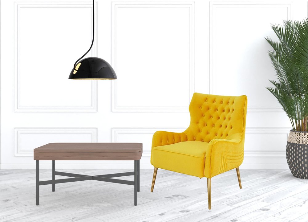 30" Yellow And Gold Velvet Arm Chair