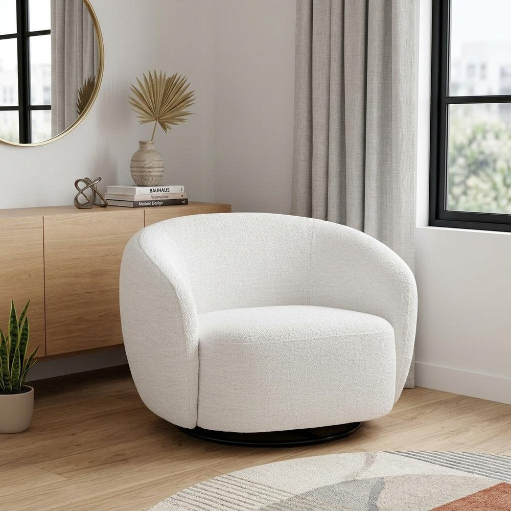 47" Off White And Black Upholstered Swivel Barrel Chair