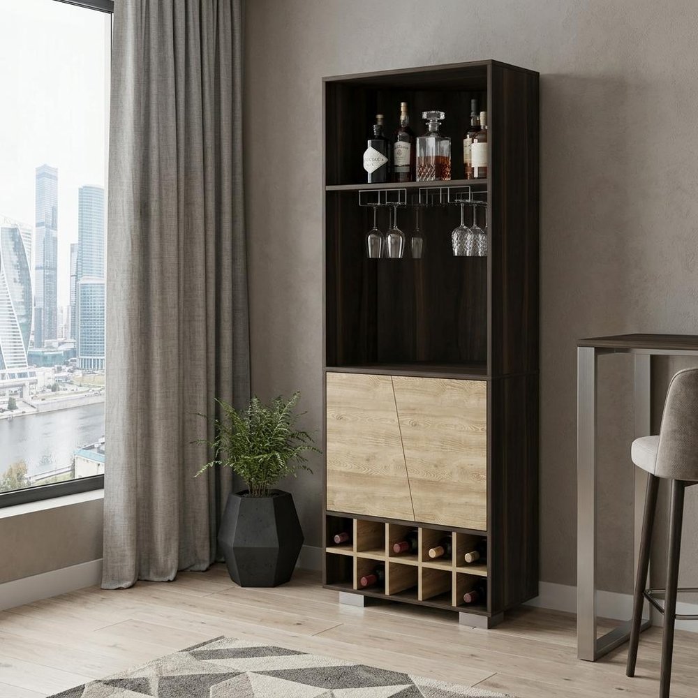 27" Dark Brown Corner Bar Cabinet With Multiple Shelves