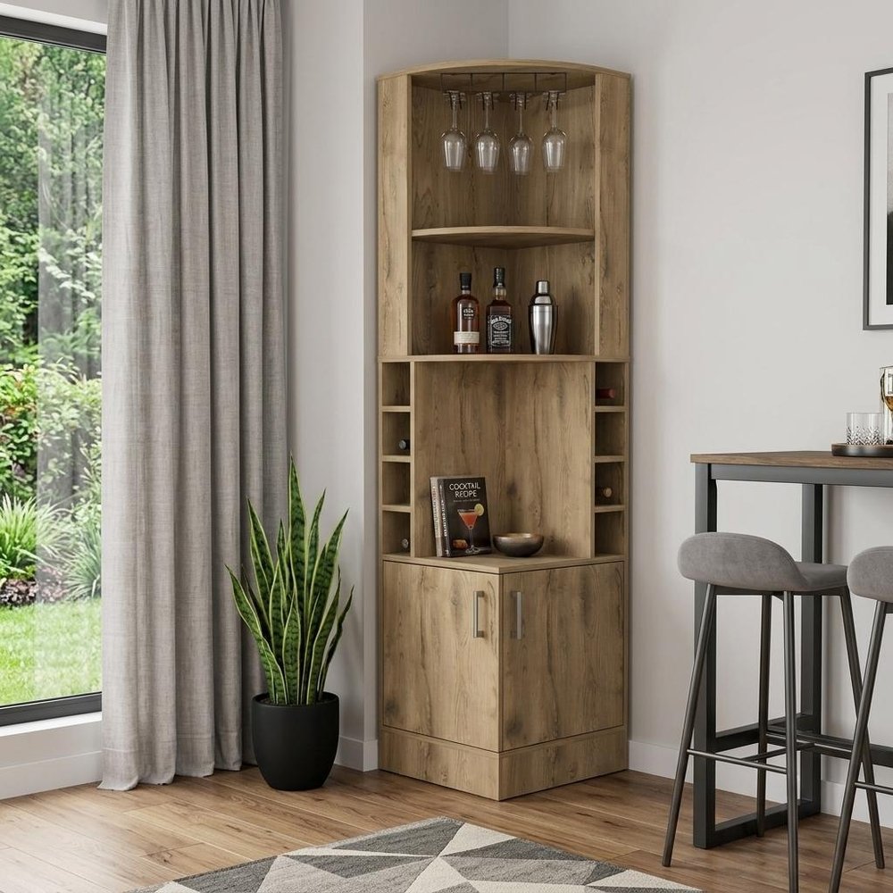 18" Natural Corner Bar Cabinet With Eleven Shelves