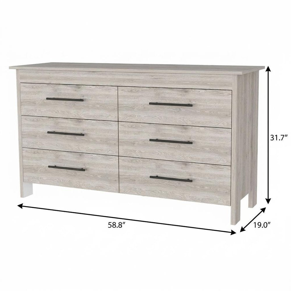 32" Light Gray Wood And Metal Six Drawer Double Dresser