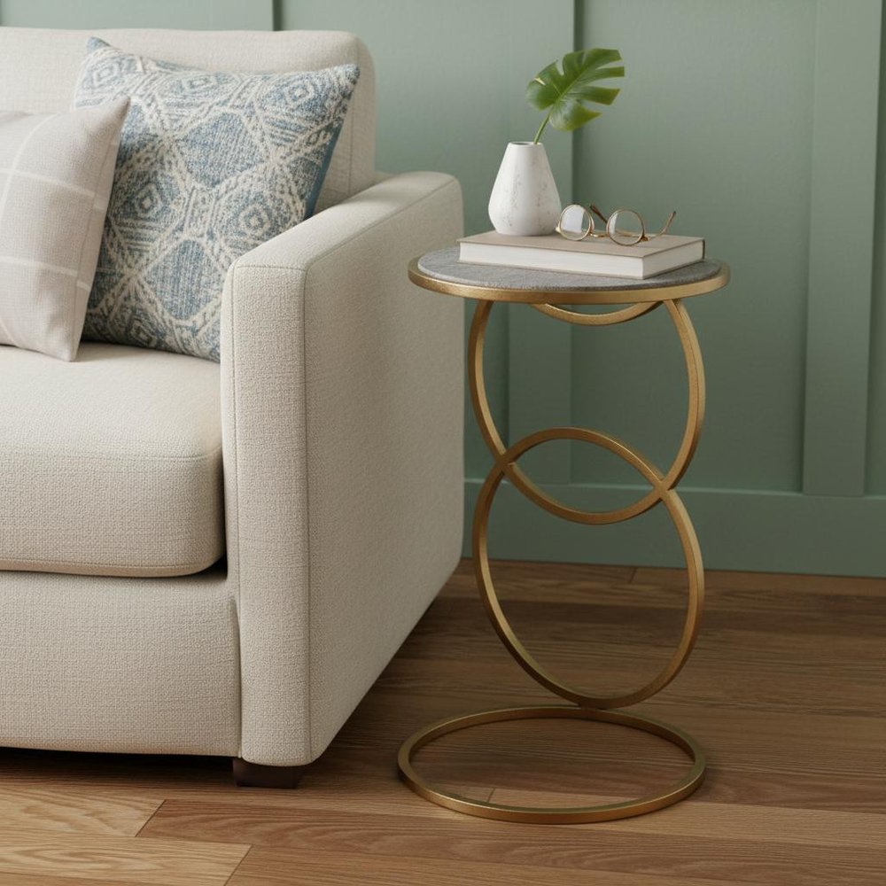 21" Gold And Gray Marble And Iron Round End Table