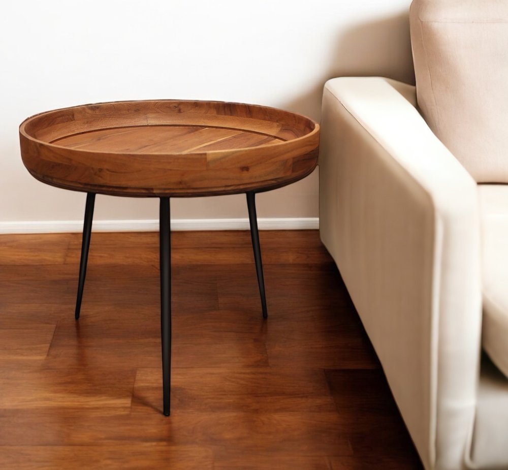 18" Black And Natural Brown Solid Wood And Iron Round End Table