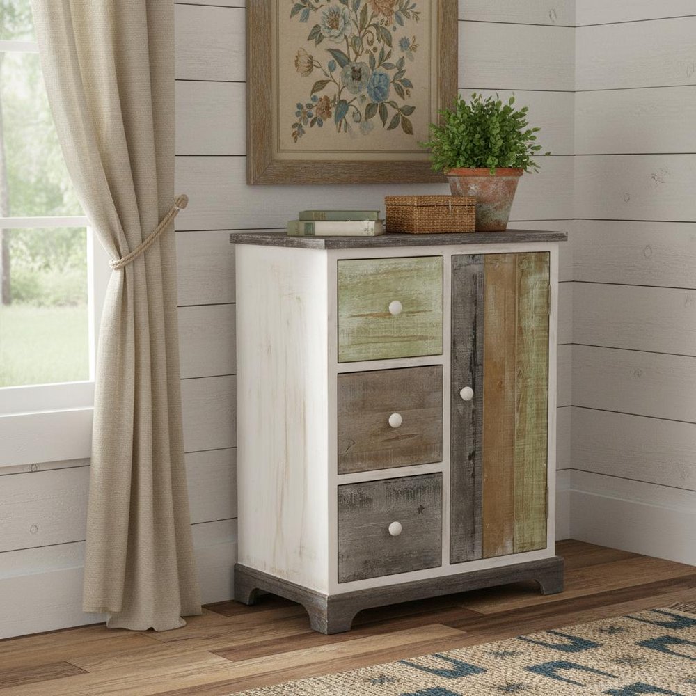 30" White And Black Rustic Wood End Table With Three Drawers