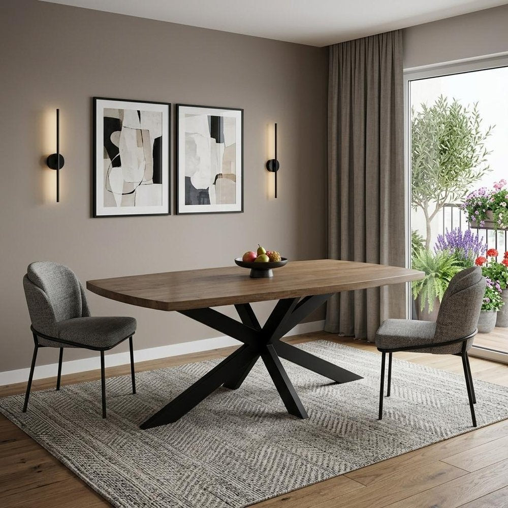 82" Natural And Black Solid Wood And Iron Pedestal Base Dining Table