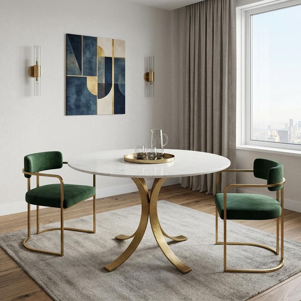 48" Ivory And Brass Rounded Marble And Iron Pedestal Base Dining Table