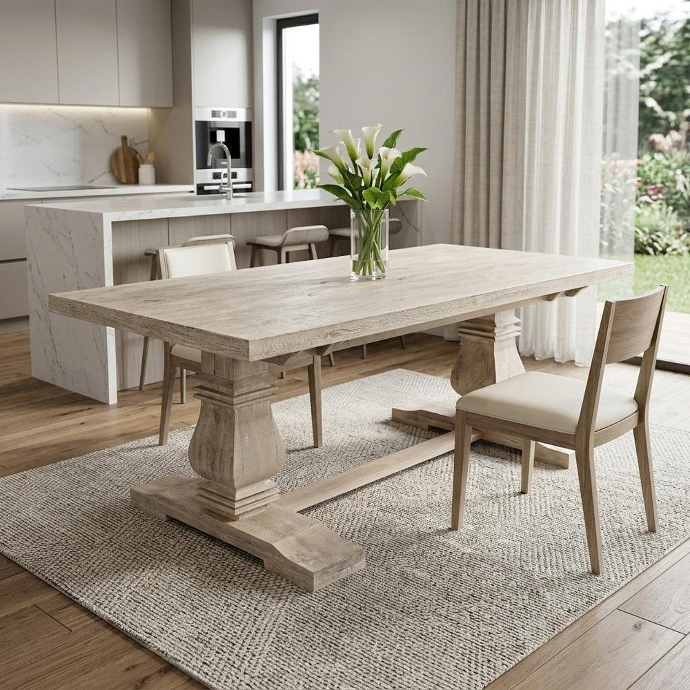 81" Antiqued White Solid Wood Trestle Base Dining Table