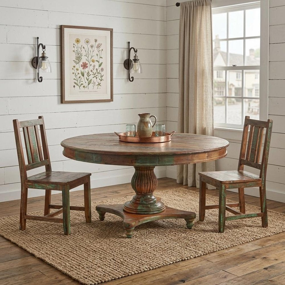 60" Brown Rounded Solid Wood Pedestal Base Dining Table