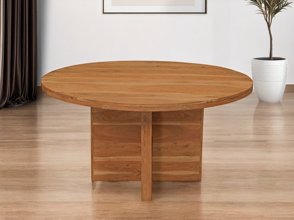 60" Natural Rounded Solid Wood Pedestal Base Dining Table