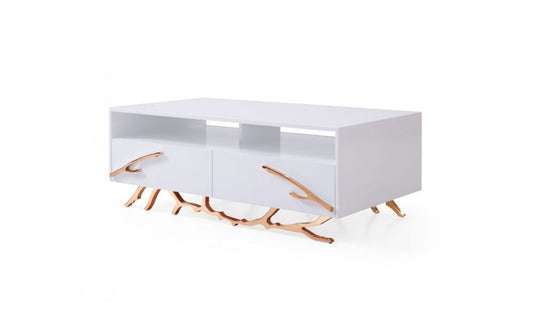 51" White and Rose Gold Wood And Stainless Steel Abstract Coffee Table With Two Drawers And Two Shelves