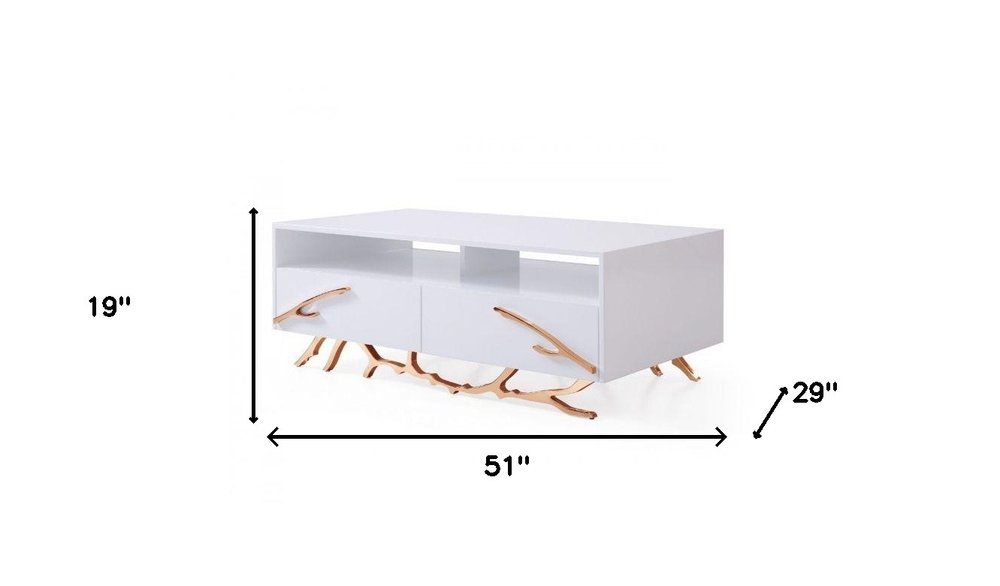 51" White and Rose Gold Wood And Stainless Steel Abstract Coffee Table With Two Drawers And Two Shelves
