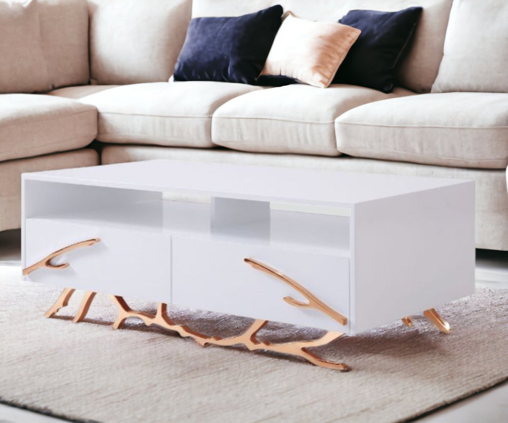 51" White and Rose Gold Wood And Stainless Steel Abstract Coffee Table With Two Drawers And Two Shelves
