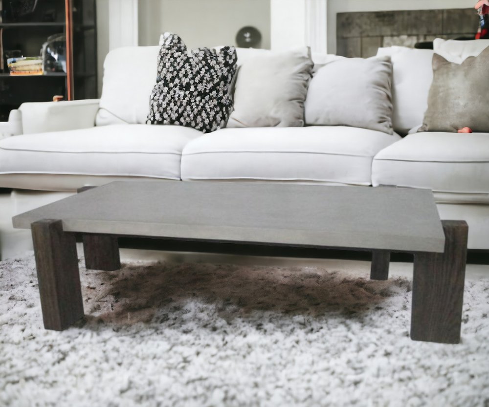 33" Dark Gray and Brown Concrete And Solid Wood Coffee Table
