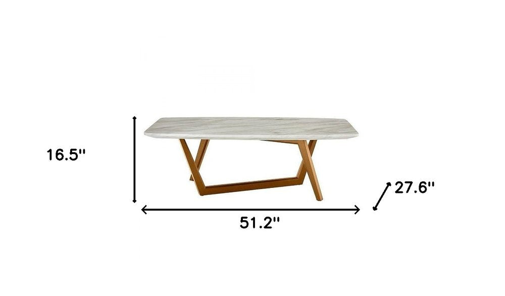 51" White and Brown Faux Marble And Wood Abstract Coffee Table